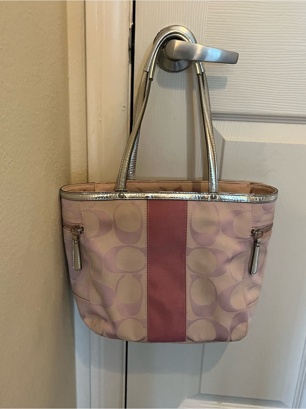 Coach Pink Signature Canvas Tote with Metallic Silver Trim